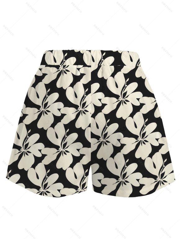 Beach Vacation Set Hibiscus Floral Geometric Print Open Front Cover-up and Shorts Set - Noir XXXXXL | US 20