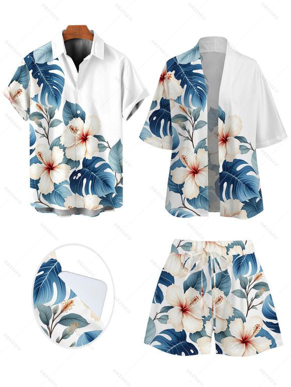 Beach Vacation Couple Outfit Hibiscus Floral Monstera Leaf Print Open Front Cover-up Shorts and Shirt Set - Blanc S | US 4