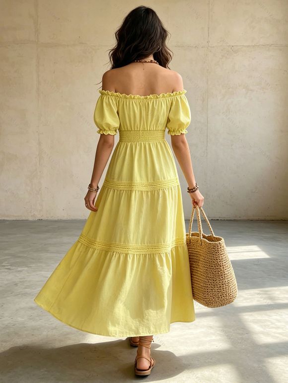 Vacation Cake Dress Solid Color Ruffle Off the Shoulder Puff Sleeve Smocked Maxi Dress - Jaune XL | US 10