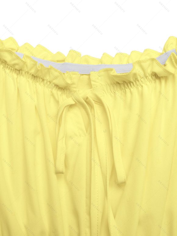 Vacation Cake Dress Solid Color Ruffle Off the Shoulder Puff Sleeve Smocked Maxi Dress - Jaune XL | US 10