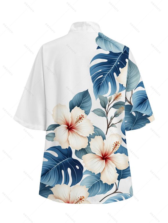 Beach Vacation Couple Outfit Hibiscus Floral Monstera Leaf Print Open Front Cover-up Shorts and Shirt Set - Blanc S | US 4