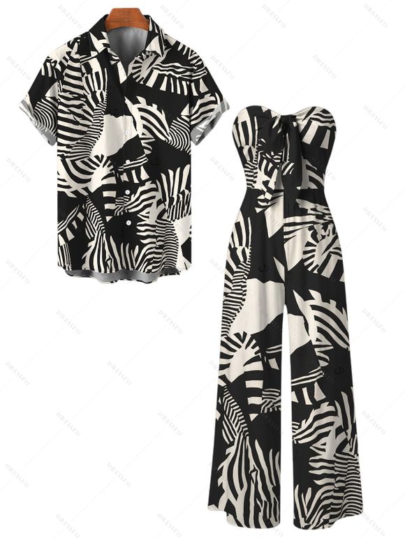 Hawaiian Vacation Couple Outfit Abstract Geometric Print Tied Pocket Off the Shoulder Jumpsuit and Shirt Set - Noir S | US 4
