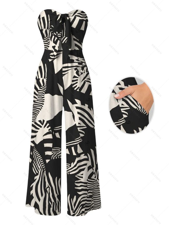 Hawaiian Vacation Couple Outfit Abstract Geometric Print Tied Pocket Off the Shoulder Jumpsuit and Shirt Set - Noir S | US 4