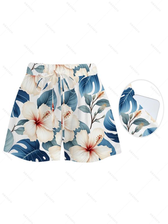 Beach Vacation Couple Outfit Hibiscus Floral Monstera Leaf Print Open Front Cover-up Shorts and Shirt Set - Blanc S | US 4