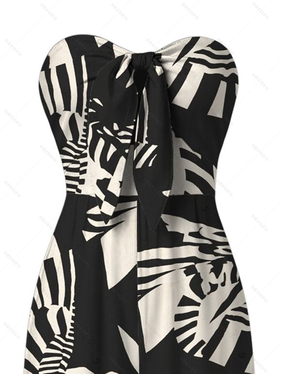 Hawaiian Vacation Couple Outfit Abstract Geometric Print Tied Pocket Off the Shoulder Jumpsuit and Shirt Set - Noir S | US 4