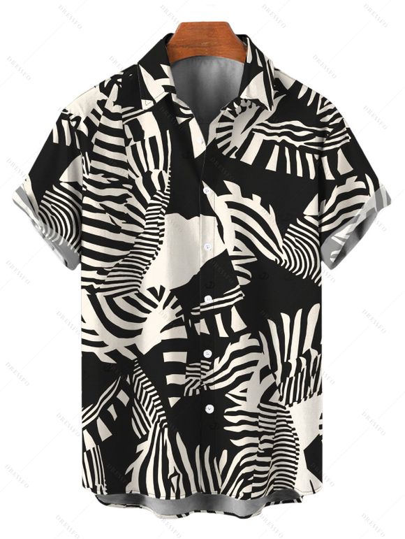 Hawaiian Vacation Couple Outfit Abstract Geometric Print Tied Pocket Off the Shoulder Jumpsuit and Shirt Set - Noir S | US 4