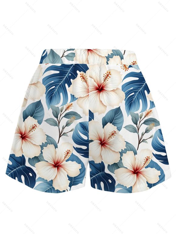 Beach Vacation Couple Outfit Hibiscus Floral Monstera Leaf Print Open Front Cover-up Shorts and Shirt Set - Blanc S | US 4