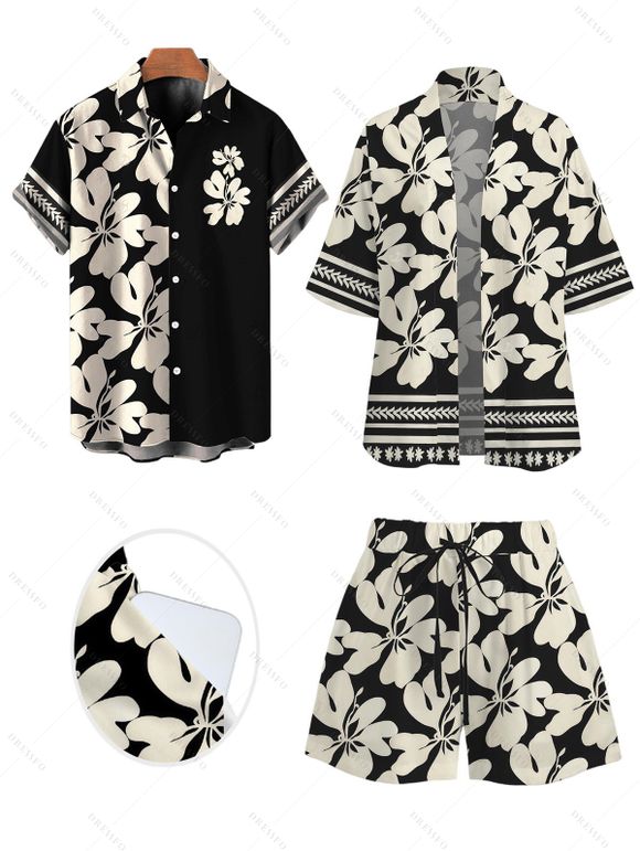 Hawaiian Vacation Couple Outfit Hibiscus Floral Geometric Print Open Front Cover-up Shorts and Shirt Set - Noir S | US 4