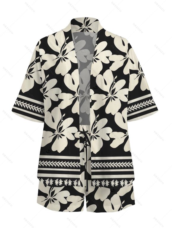 Hawaiian Vacation Couple Outfit Hibiscus Floral Geometric Print Open Front Cover-up Shorts and Shirt Set - Noir S | US 4