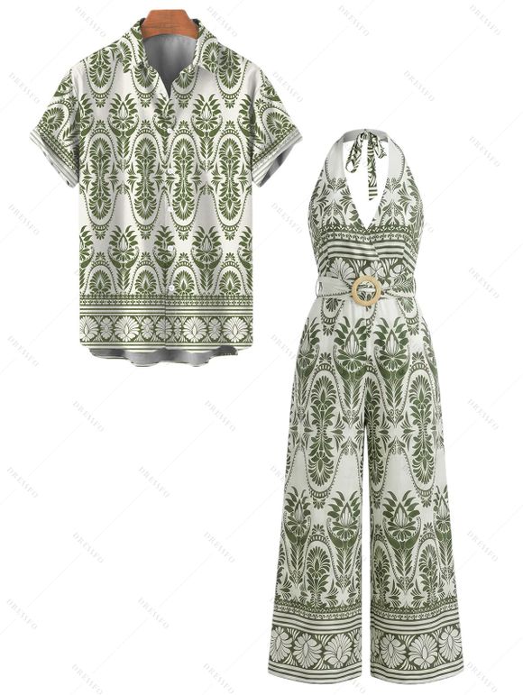 Bohemian Vacation Couple Outfit Geometric Printed Plunging Neck O-ring Belt Wide Leg Jumpsuit and Shirt Set - Olive Verte S | US 4