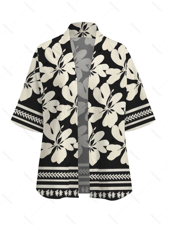 Hawaiian Vacation Couple Outfit Hibiscus Floral Geometric Print Open Front Cover-up Shorts and Shirt Set - Noir S | US 4