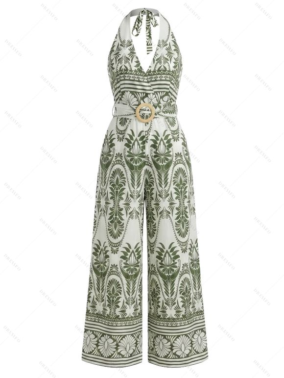 Bohemian Vacation Couple Outfit Geometric Printed Plunging Neck O-ring Belt Wide Leg Jumpsuit and Shirt Set - Olive Verte S | US 4