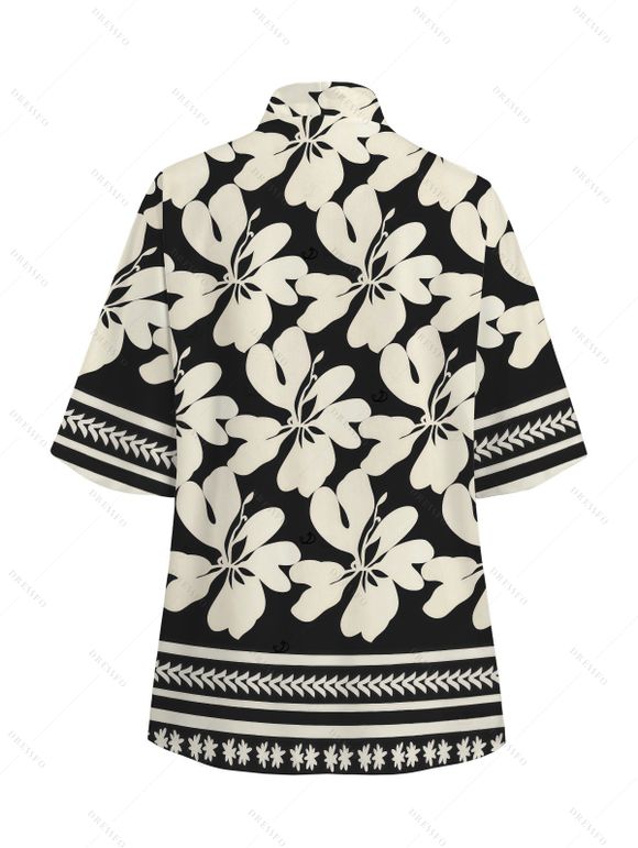 Hawaiian Vacation Couple Outfit Hibiscus Floral Geometric Print Open Front Cover-up Shorts and Shirt Set - Noir S | US 4