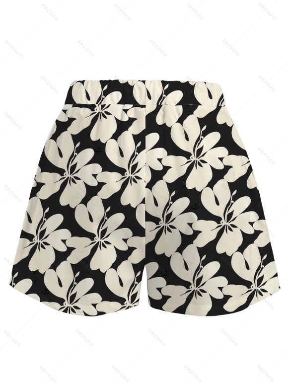 Hawaiian Vacation Couple Outfit Hibiscus Floral Geometric Print Open Front Cover-up Shorts and Shirt Set - Noir S | US 4