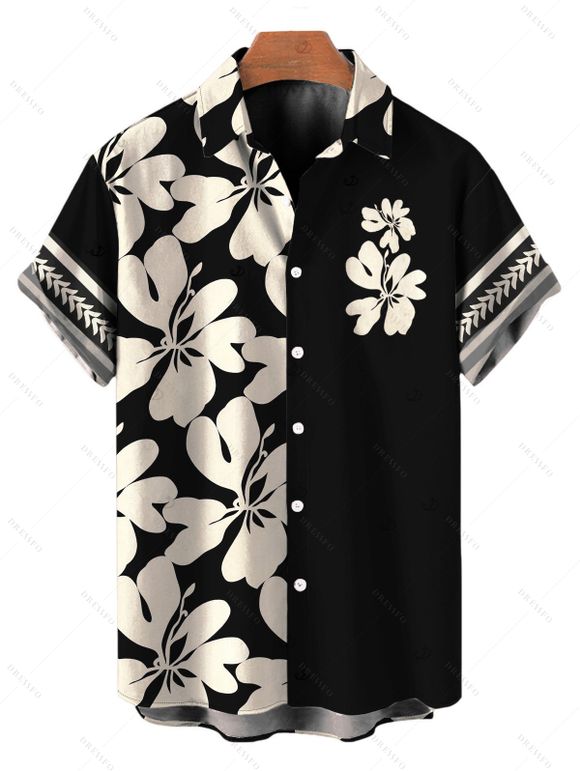 Hawaiian Vacation Couple Outfit Hibiscus Floral Geometric Print Open Front Cover-up Shorts and Shirt Set - Noir S | US 4