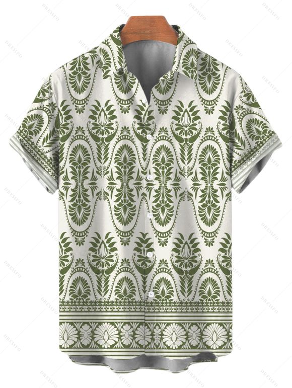 Bohemian Vacation Couple Outfit Geometric Printed Plunging Neck O-ring Belt Wide Leg Jumpsuit and Shirt Set - Olive Verte S | US 4