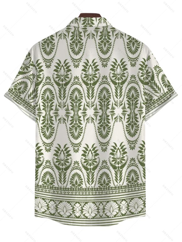 Bohemian Vacation Couple Outfit Geometric Printed Plunging Neck O-ring Belt Wide Leg Jumpsuit and Shirt Set - Olive Verte S | US 4