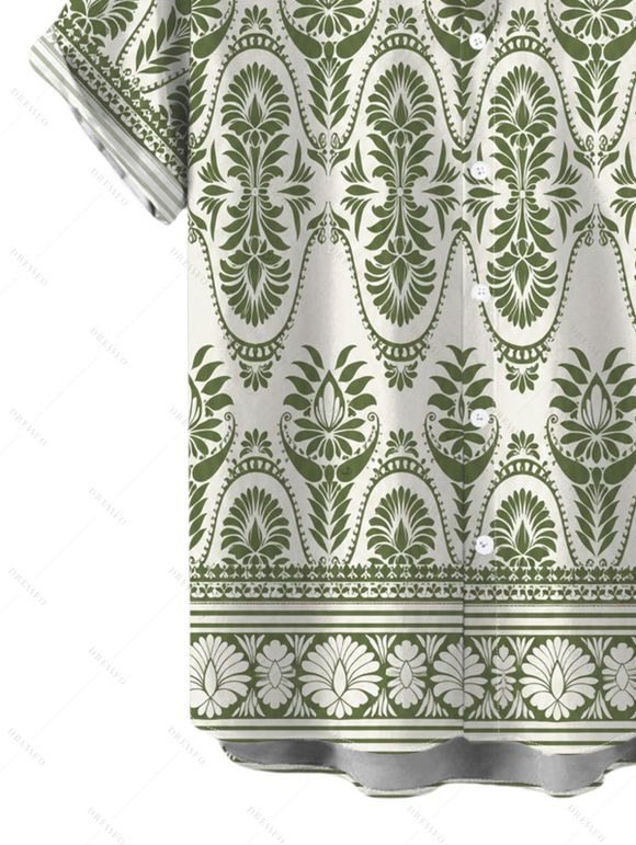 Bohemian Vacation Couple Outfit Geometric Printed Plunging Neck O-ring Belt Wide Leg Jumpsuit and Shirt Set - Olive Verte S | US 4