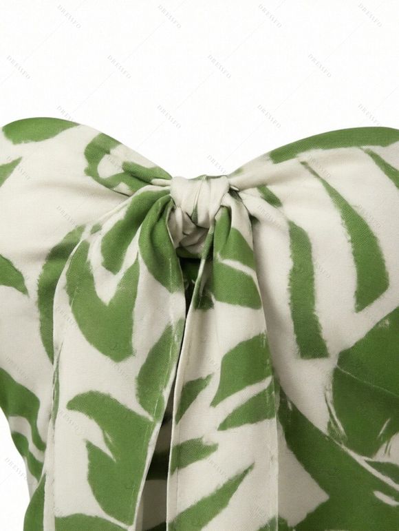 Combinaison de vacances à imprimé botanique et silhouette de feuilles, nœud papillon, épaules dénudées, jambes larges - Vert XXL | US 14