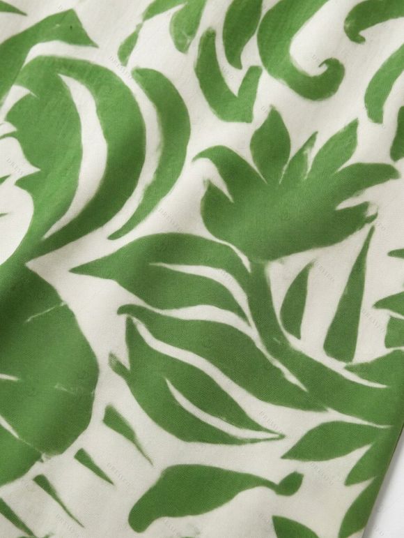 Combinaison de vacances à imprimé botanique et silhouette de feuilles, nœud papillon, épaules dénudées, jambes larges - Vert XXL | US 14