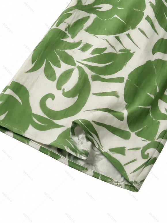Combinaison de vacances à imprimé botanique et silhouette de feuilles, nœud papillon, épaules dénudées, jambes larges - Vert XXL | US 14