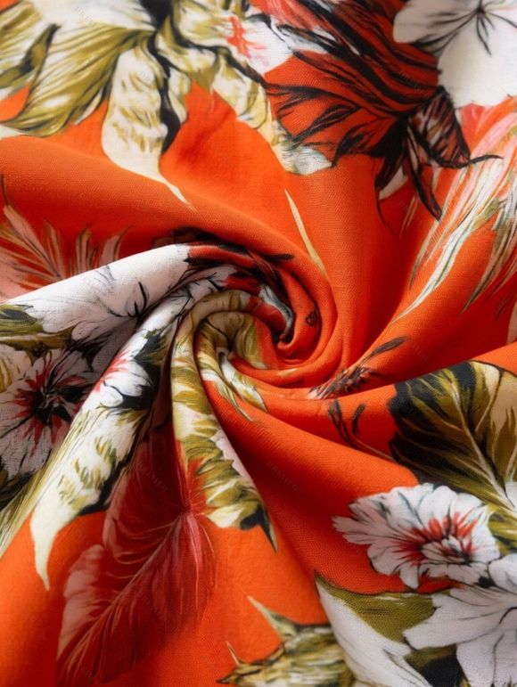 Combinaison de plage à imprimé floral tropical et feuilles de palmier, avec poche et épaules dénudées - Orange XXL | US 14