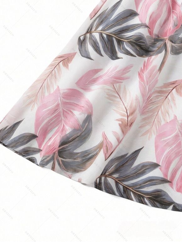 Vacation Couple Outfit Tropical Monstera Leaf Print Flounce Off the Shoulder Smocked Slit Dress and Shirt Set - Rose S | US 4