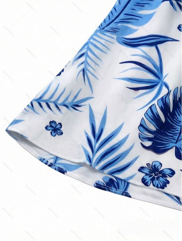 Hawaiian Vacation Couple Outfit Tropical Flower Monstera Leaf Print Lace Hollow Out Slit Dress and Shirt Set - Bleu Ciel S | US 4