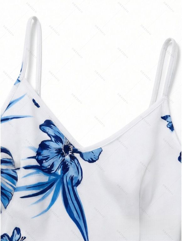 Hawaiian Vacation Dress Tropical Flower Monstera Leaf Print Lace Hollow Out Slit Dress - Bleu Ciel XXXXXL | US 20