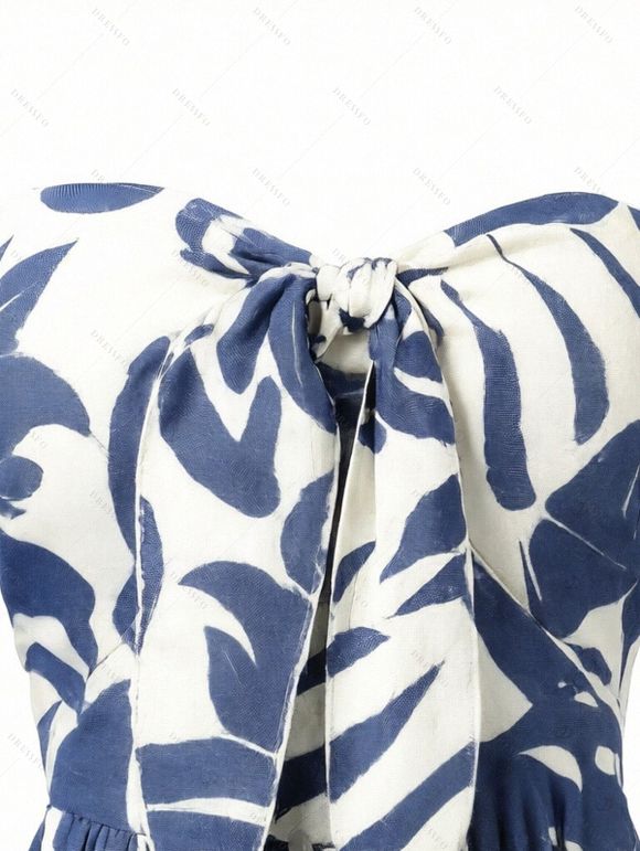 Vacation Couple Outfit Botanical Leaf Print Bowknot Off the Shoulder Jumpsuit and Shirt Set - Bleu clair S | US 4