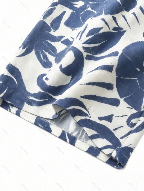 Vacation Couple Outfit Botanical Leaf Print Bowknot Off the Shoulder Jumpsuit and Shirt Set - Bleu clair S | US 4