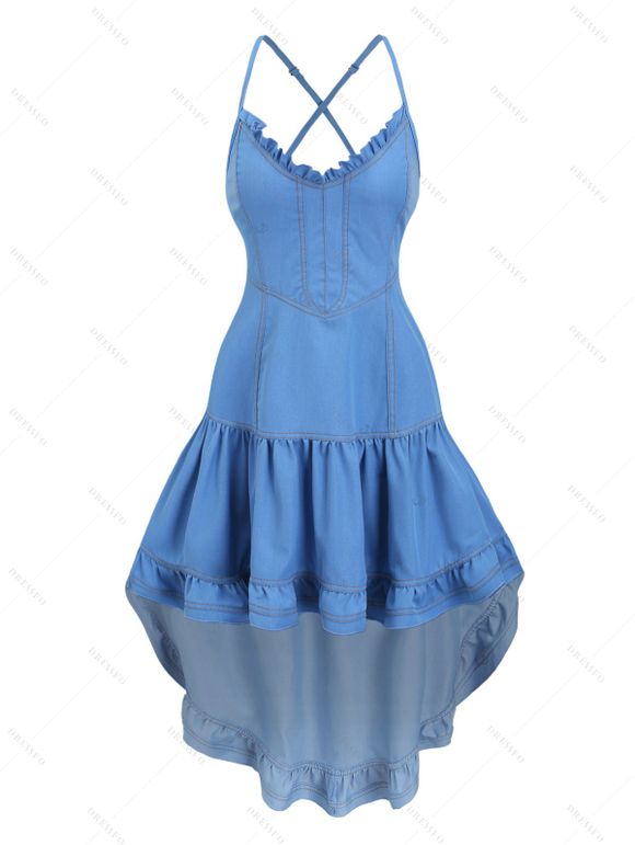 Robe vintage style western cottagecore à volants, robe midi asymétrique à volants - Bleu Toile de Jean L | US 8-10