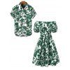 Vacation Couple Outfit Floral Leaf Silhouette Print Off the Shoulder Puff Sleeve Dress and Shirt Set - Vert S | US 4