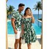 Vacation Couple Outfit Floral Leaf Silhouette Print Off the Shoulder Puff Sleeve Dress and Shirt Set - Vert S | US 4