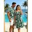 Vacation Couple Outfit Floral Leaf Silhouette Print Off the Shoulder Puff Sleeve Dress and Shirt Set - Bleu S | US 4