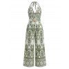 Bohemian Vacation Jumpsuit Geometric Printed Plunging Neck O-ring Belt Wide Leg Jumpsuit - Olive Verte M | US 6