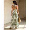 Bohemian Vacation Jumpsuit Geometric Printed Plunging Neck O-ring Belt Wide Leg Jumpsuit - Olive Verte XL | US 10