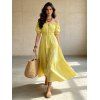 Vacation Cake Dress Solid Color Ruffle Off the Shoulder Puff Sleeve Smocked Maxi Dress - Jaune L | US 8