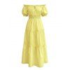 Vacation Cake Dress Solid Color Ruffle Off the Shoulder Puff Sleeve Smocked Maxi Dress - Jaune M | US 6