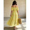 Vacation Cake Dress Solid Color Ruffle Off the Shoulder Puff Sleeve Smocked Maxi Dress - Jaune XL | US 10