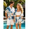 Beach Vacation Couple Outfit Hibiscus Floral Monstera Leaf Print Open Front Cover-up Shorts and Shirt Set - Blanc S | US 4