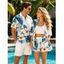 Beach Vacation Couple Outfit Hibiscus Floral Monstera Leaf Print Open Front Cover-up Shorts and Shirt Set - Blanc S | US 4