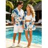 Beach Vacation Couple Outfit Hibiscus Floral Monstera Leaf Print Open Front Cover-up Shorts and Shirt Set - Blanc S | US 4