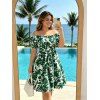Vacation Dress Floral Leaf Silhouette Print Off the Shoulder Puff Sleeve A Line Casual Dress - Vert L | US 8-10