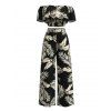 Hawaiian Vacation Two Piece Set Tropical Leaf Print Flounce Off the Shoulder Smocked Top and Wide Leg Pants Outfit - Noir M | US 6