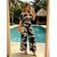 Hawaiian Vacation Two Piece Set Tropical Leaf Print Flounce Off the Shoulder Smocked Top and Wide Leg Pants Outfit - Noir S | US 4