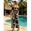 Hawaiian Vacation Two Piece Set Tropical Leaf Print Flounce Off the Shoulder Smocked Top and Wide Leg Pants Outfit - Noir XL | US 12