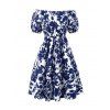 Vacation Dress Floral Leaf Silhouette Print Off the Shoulder Puff Sleeve A Line Casual Dress - Bleu XL | US 12