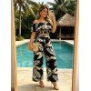 Hawaiian Vacation Couple Outfit Tropical Leaf Print Flounce Off the Shoulder Smocked Top Wide Leg Pants and Shirt Set - Noir S | US 4