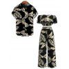 Hawaiian Vacation Couple Outfit Tropical Leaf Print Flounce Off the Shoulder Smocked Top Wide Leg Pants and Shirt Set - Noir S | US 4